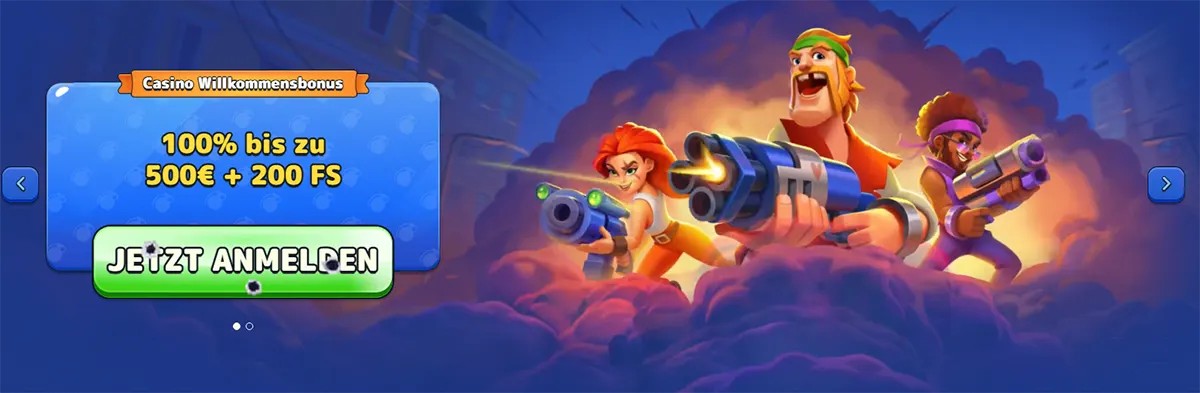 Pistolo Casino welcome bonus banner showing a 100% offer up to €500 plus 200 free spins with a bright call-to-action and cartoon shooter characters.