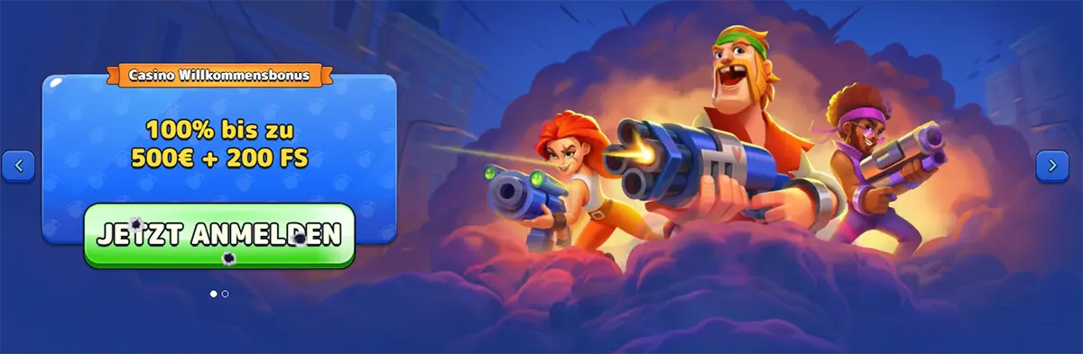 Pistolo Casino welcome bonus banner showing a 100% offer up to €500 plus 200 free spins with a bright call-to-action and cartoon shooter characters.