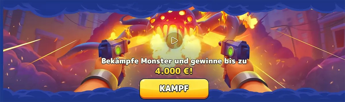 Pistolo Casino monster battle banner showing a cartoon shooter scene with a chance to win up to €4,000 and a bold play button.