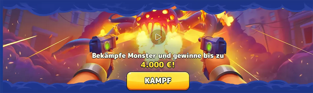 Pistolo Casino monster battle banner showing a cartoon shooter scene with a chance to win up to €4,000 and a bold play button.