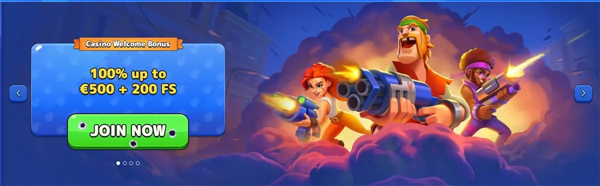 Pistolo Casino welcome bonus banner showing a 100% offer up to €500 plus 200 free spins with cartoon shooter characters and a green join-now button.