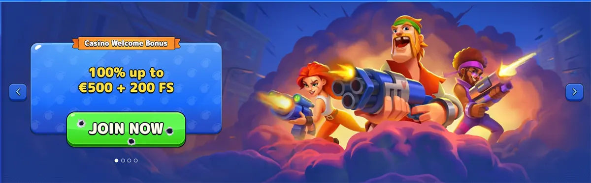 Pistolo Casino welcome bonus banner showing a 100% offer up to €500 plus 200 free spins with cartoon shooter characters and a green join-now button.