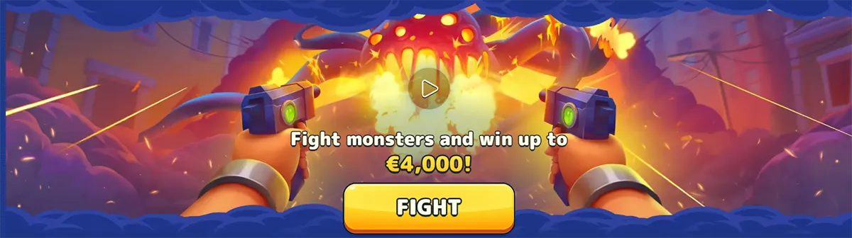 Pistolo Casino monster battle banner showing a cartoon shooter scene with a chance to win up to €4,000 and a bold fight button.