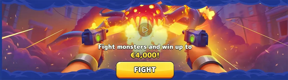 Pistolo Casino monster battle banner showing a cartoon shooter scene with a chance to win up to €4,000 and a bold fight button.