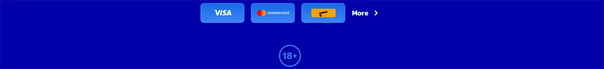 Pistolo Casino payment footer showing Visa, Mastercard and more payment options with an 18+ responsible gambling age notice.