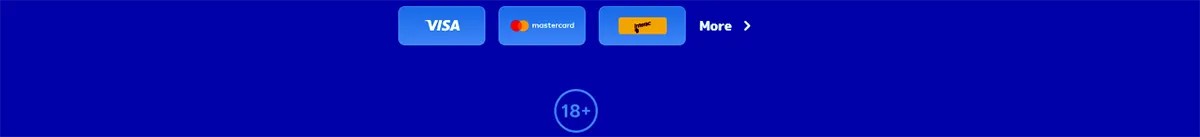 Pistolo Casino footer showing Visa, Mastercard and more payment options with an 18+ responsible gambling age notice.