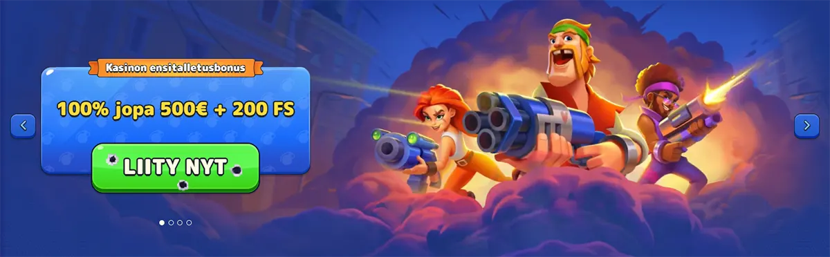 Pistolo Casino Finnish welcome bonus banner showing a 100% offer up to €500 plus 200 free spins with cartoon shooter characters and a green join-now button.
