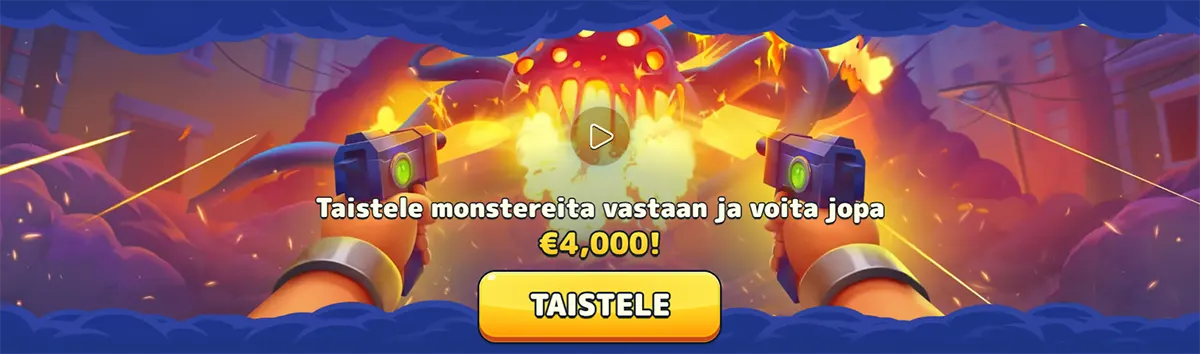 Pistolo Casino Finnish monster battle banner showing a cartoon shooter scene with a chance to win up to €4,000 and a bold fight button.