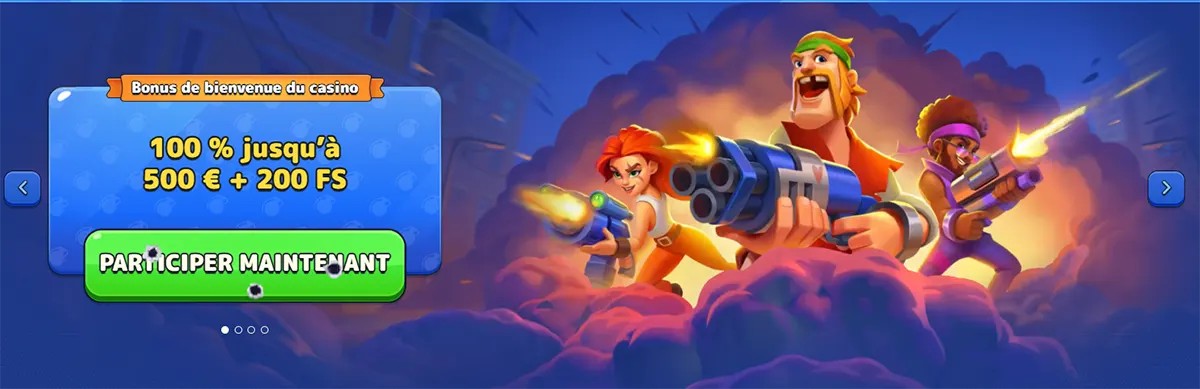 Pistolo Casino French welcome bonus banner showing a 100% offer up to €500 plus 200 free spins with cartoon shooter characters and a green join-now button.