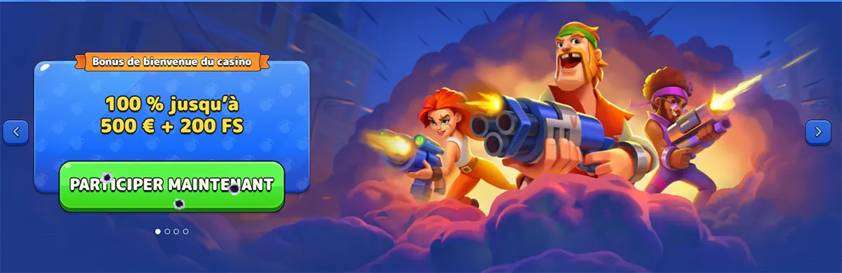 Pistolo Casino French welcome bonus banner showing a 100% offer up to €500 plus 200 free spins with cartoon shooter characters and a green join-now button.