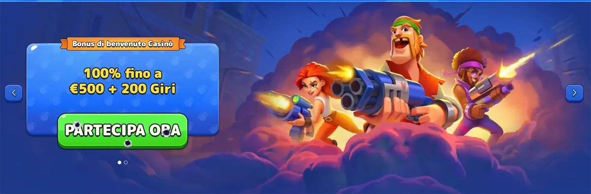 Pistolo Casino Italian welcome bonus banner showing a 100% offer up to €500 plus 200 free spins with cartoon shooter characters and a green call-to-action button.