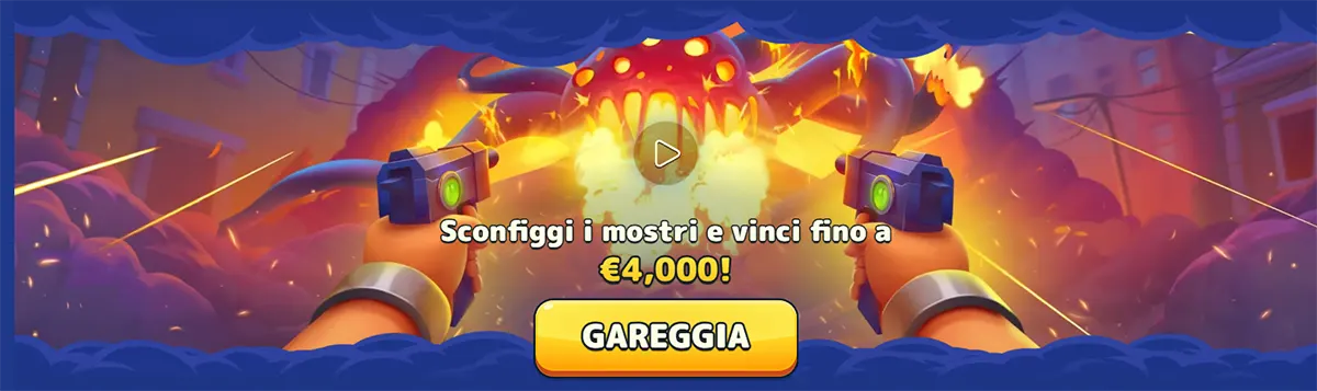 Pistolo Casino Italian monster battle banner showing a cartoon shooter scene with a chance to win up to €4,000 and a bold yellow action button.