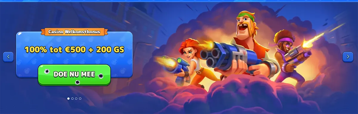 Pistolo Casino Dutch welcome bonus banner showing a 100% offer up to €500 plus 200 free spins with cartoon shooter characters and a green call-to-action button.
