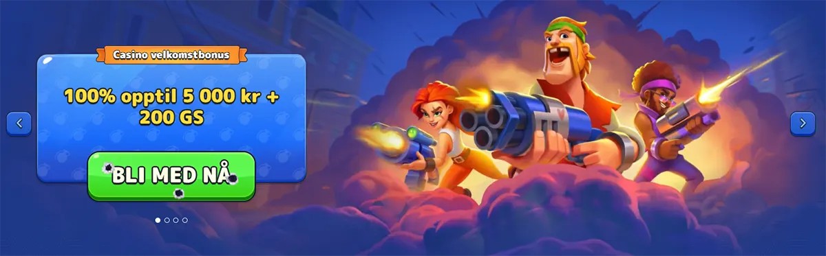 Pistolo Casino Norwegian welcome bonus banner showing a 100% offer up to 5,000 kr plus 200 free spins with cartoon shooter characters and a green join button.