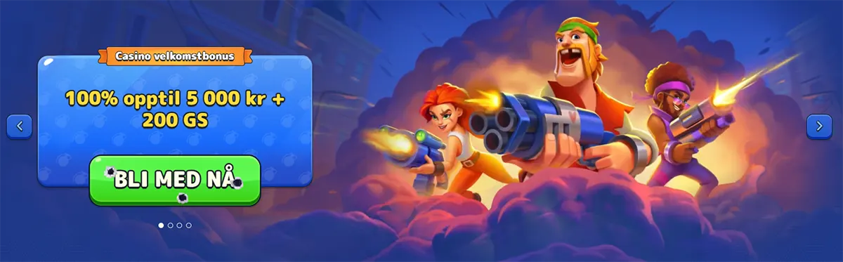 Pistolo Casino Norwegian welcome bonus banner showing a 100% offer up to 5,000 kr plus 200 free spins with cartoon shooter characters and a green join button.