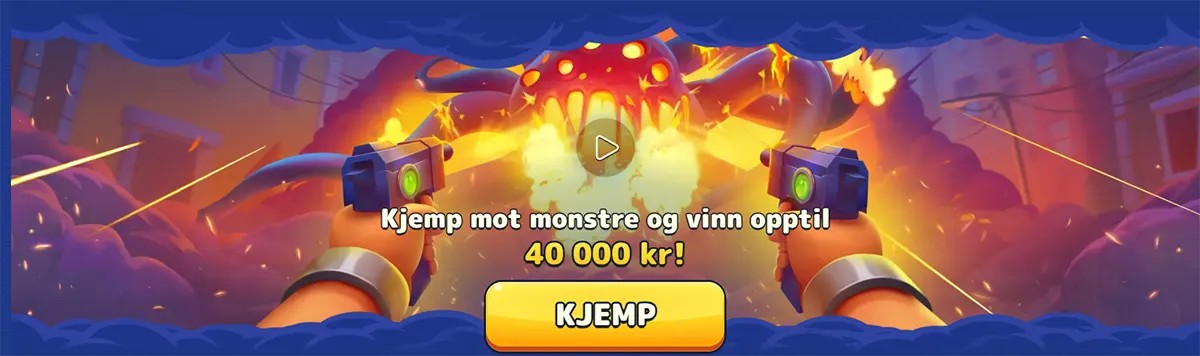 Pistolo Casino Norwegian monster battle banner showing a cartoon shooter scene with a chance to win up to 40,000 kr and a bold fight button.