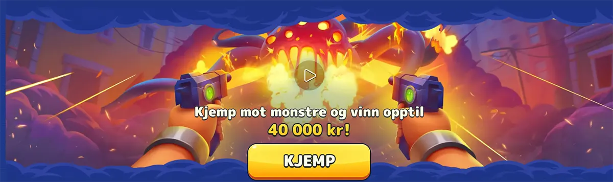 Pistolo Casino Norwegian monster battle banner showing a cartoon shooter scene with a chance to win up to 40,000 kr and a bold fight button.
