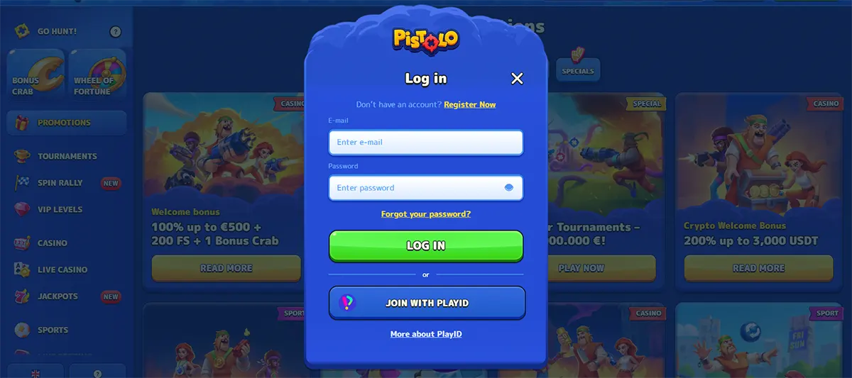 Pistolo Casino login screen showing email and password fields, registration link, password recovery option and PlayID sign-in button.