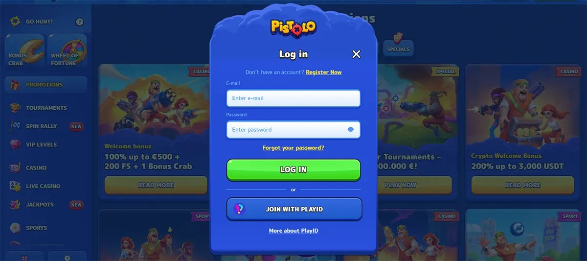 Pistolo Casino login screen showing email and password fields, registration link, password recovery option and PlayID sign-in button.