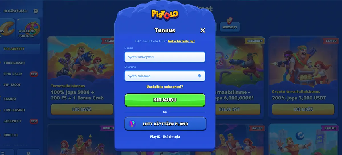 Pistolo Casino Finnish login screen with password field, green sign-in button and PlayID option, partially covered by a close-up of a Miramonte bottle.