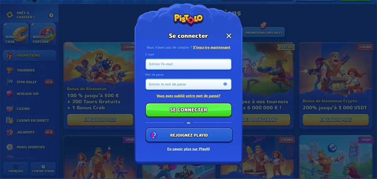 Pistolo Casino French login screen showing email and password fields, sign-up link, password recovery option and PlayID login button.