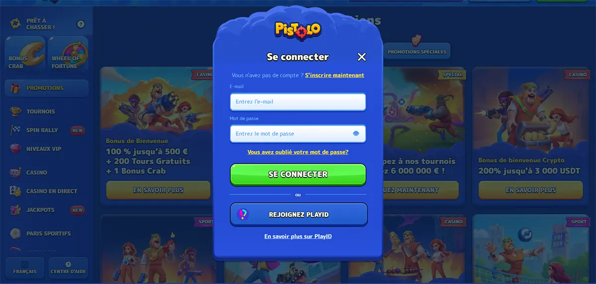 Pistolo Casino French login screen showing email and password fields, sign-up link, password recovery option and PlayID login button.