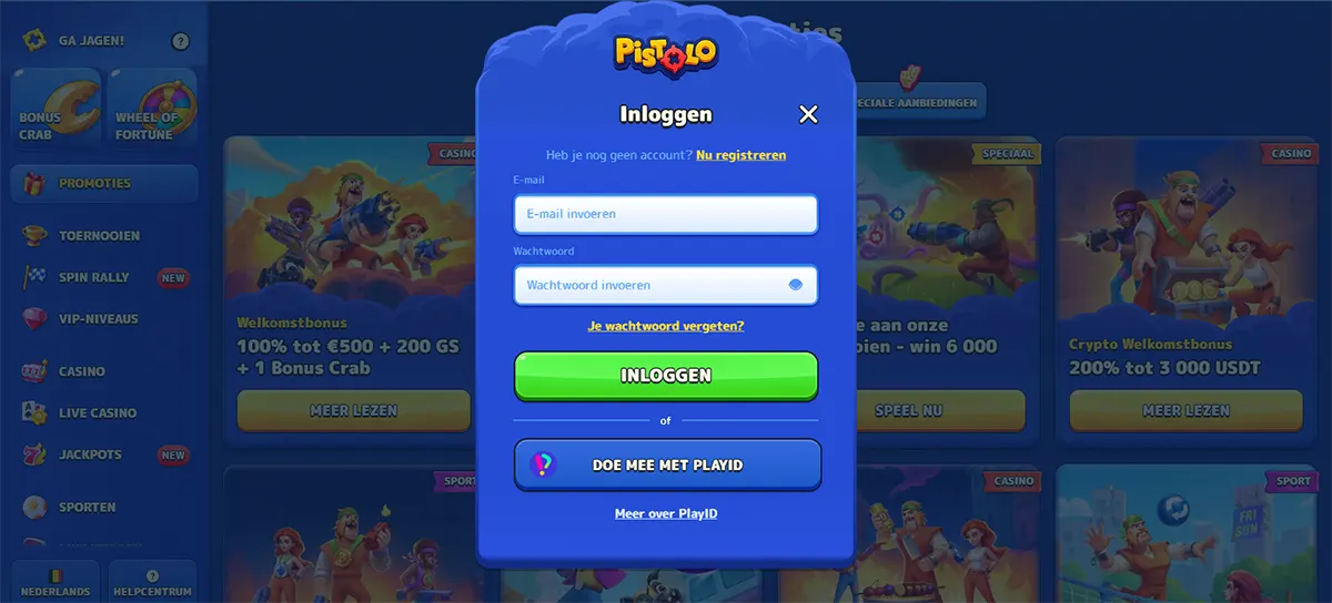 Pistolo Casino Dutch login screen showing email and password fields, registration link, password recovery option and PlayID sign-in button.