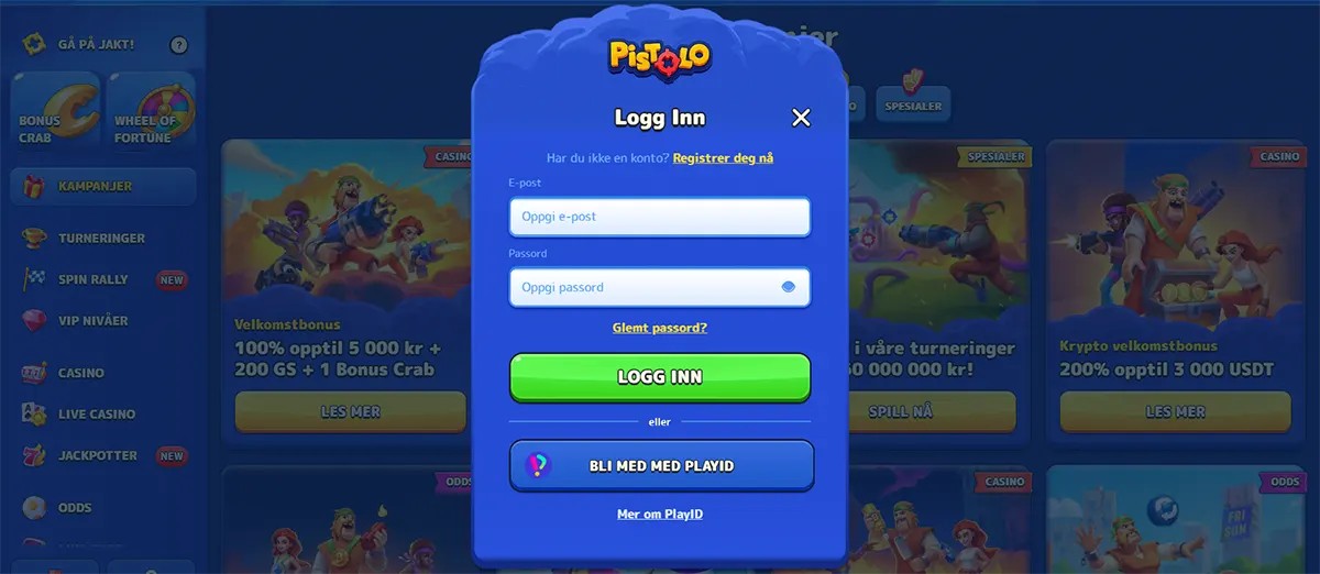 Pistolo Casino Norwegian login screen showing email and password fields, registration link, password recovery option and PlayID sign-in button.