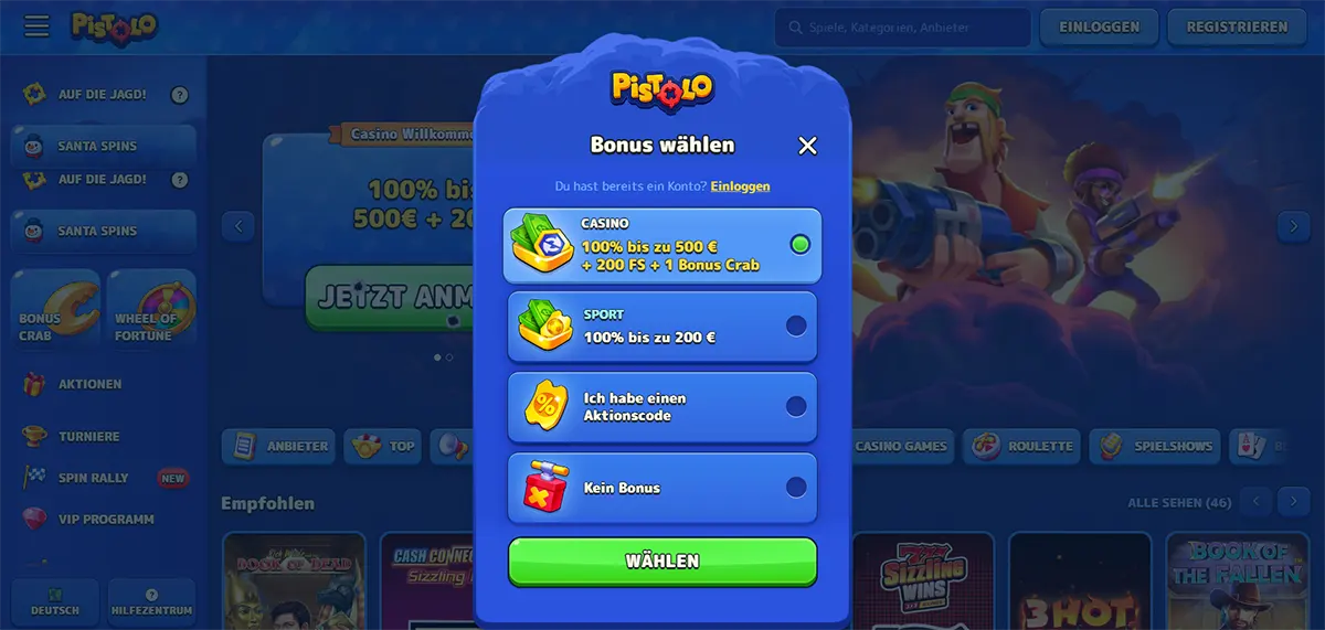 Pistolo Casino bonus selection screen showing casino, sport, promo code and no-bonus options with a welcome offer of up to €500 plus free spins.