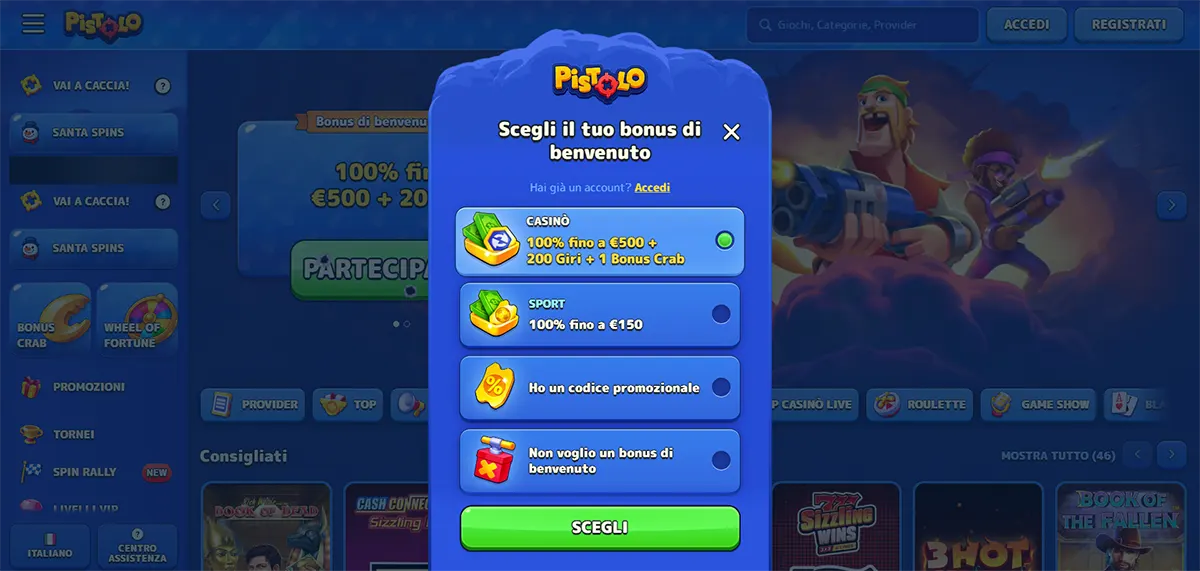 Pistolo Casino Italian bonus selection screen showing casino, sport, promo code and no-bonus options with a welcome offer up to €500 plus 200 free spins.